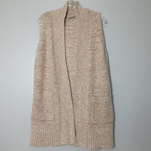 Loft Women's Size XS/S‎ Tan And White Knit Open Long Vest With Pockets EUC 154